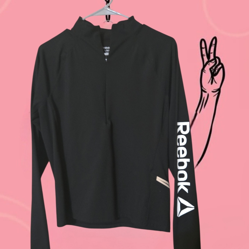 Reebok Black Long-Sleeve Quarter-Zip Top with White Logo Sleeve